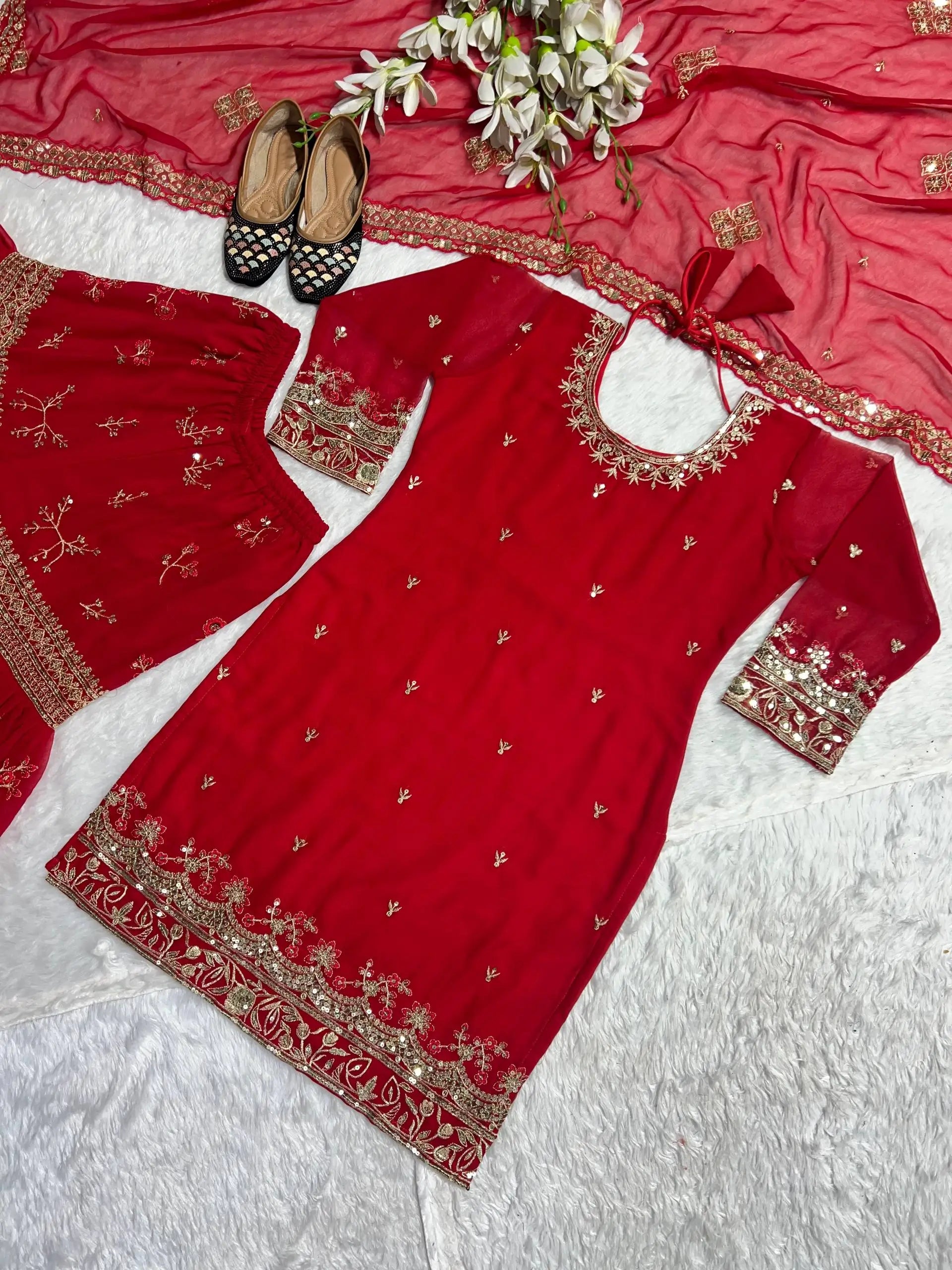 Red Faux Georgette Sharara Set with 5mm Sequence Embroidery and Butterfly Net Dupatta