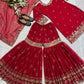 Red Faux Georgette Sharara Set with 5mm Sequence Embroidery and Butterfly Net Dupatta