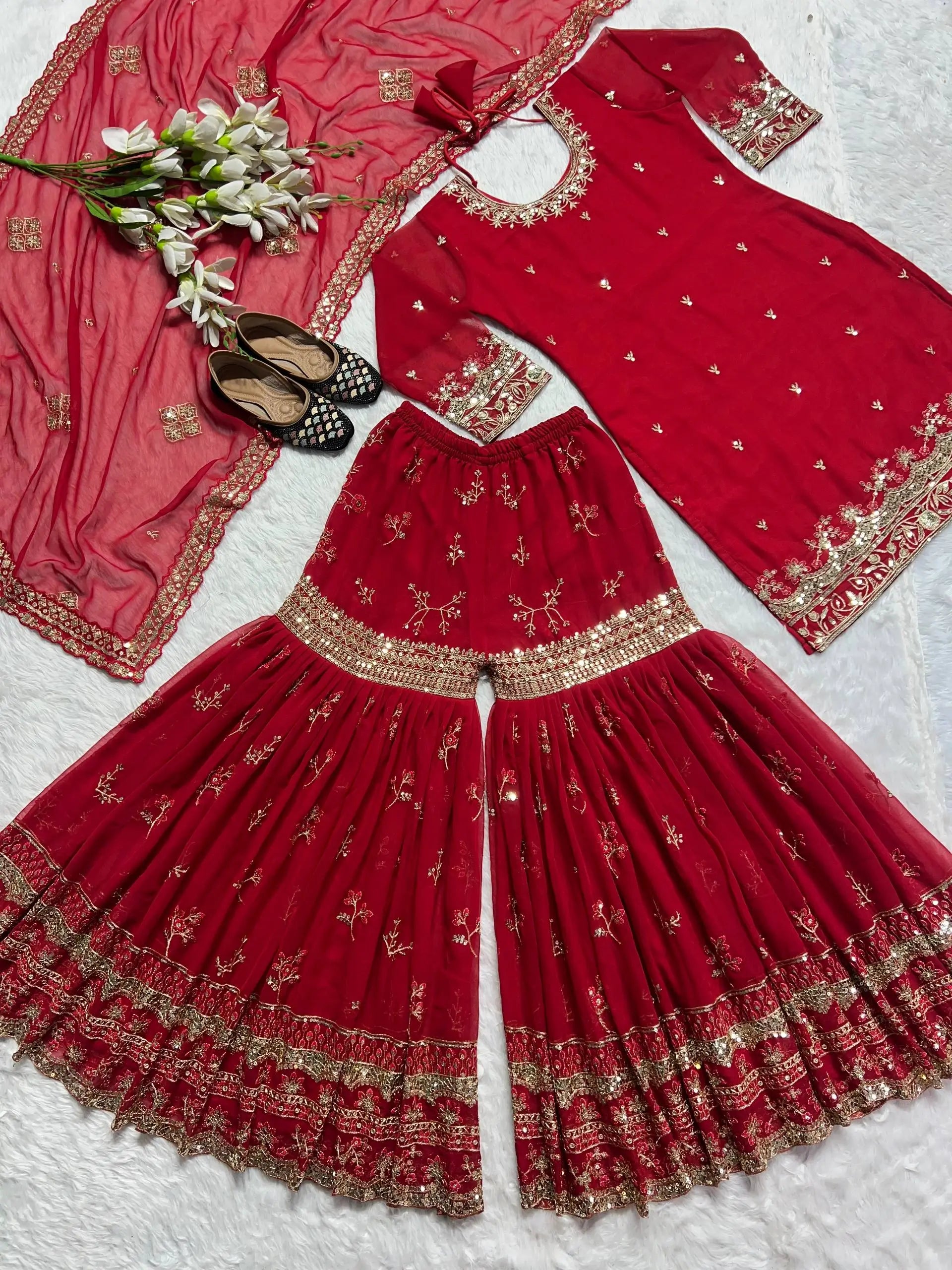 Red Faux Georgette Sharara Set with 5mm Sequence Embroidery and Butterfly Net Dupatta