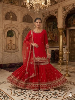 Red Faux Georgette Sharara Set with 5mm Sequence Embroidery and Butterfly Net Dupatta