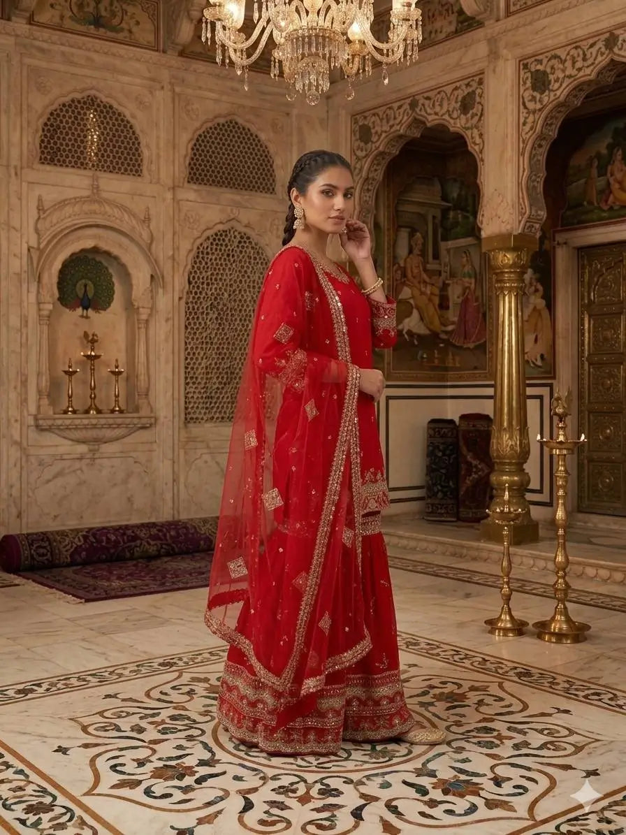 Red Faux Georgette Sharara Set with 5mm Sequence Embroidery and Butterfly Net Dupatta