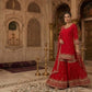 Red Faux Georgette Sharara Set with 5mm Sequence Embroidery and Butterfly Net Dupatta