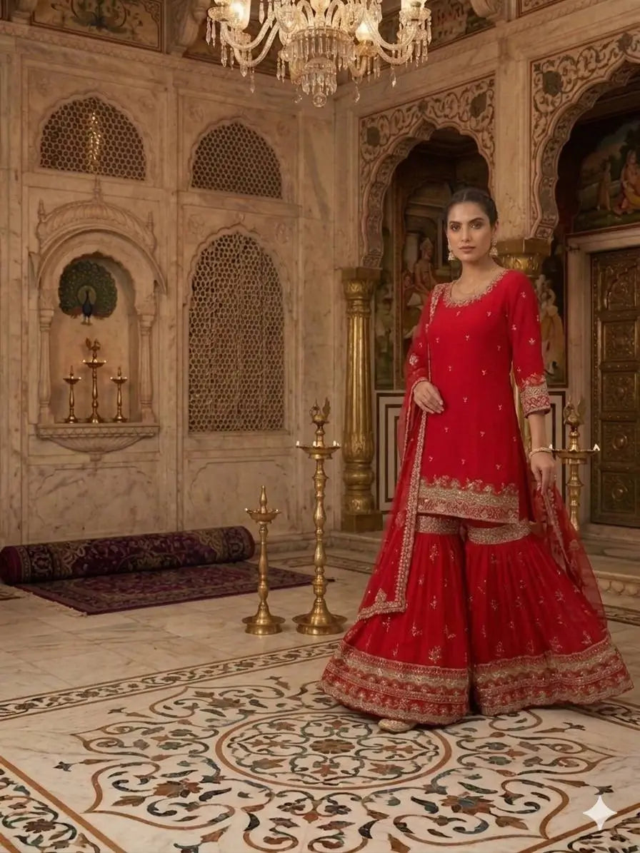 Red Faux Georgette Sharara Set with 5mm Sequence Embroidery and Butterfly Net Dupatta