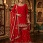 Red Faux Georgette Sharara Set with 5mm Sequence Embroidery and Butterfly Net Dupatta