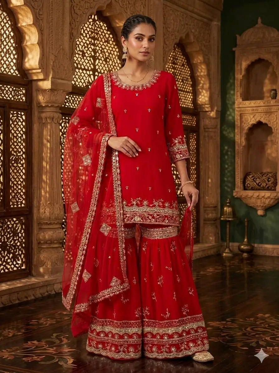 Red Faux Georgette Sharara Set with 5mm Sequence Embroidery and Butterfly Net Dupatta