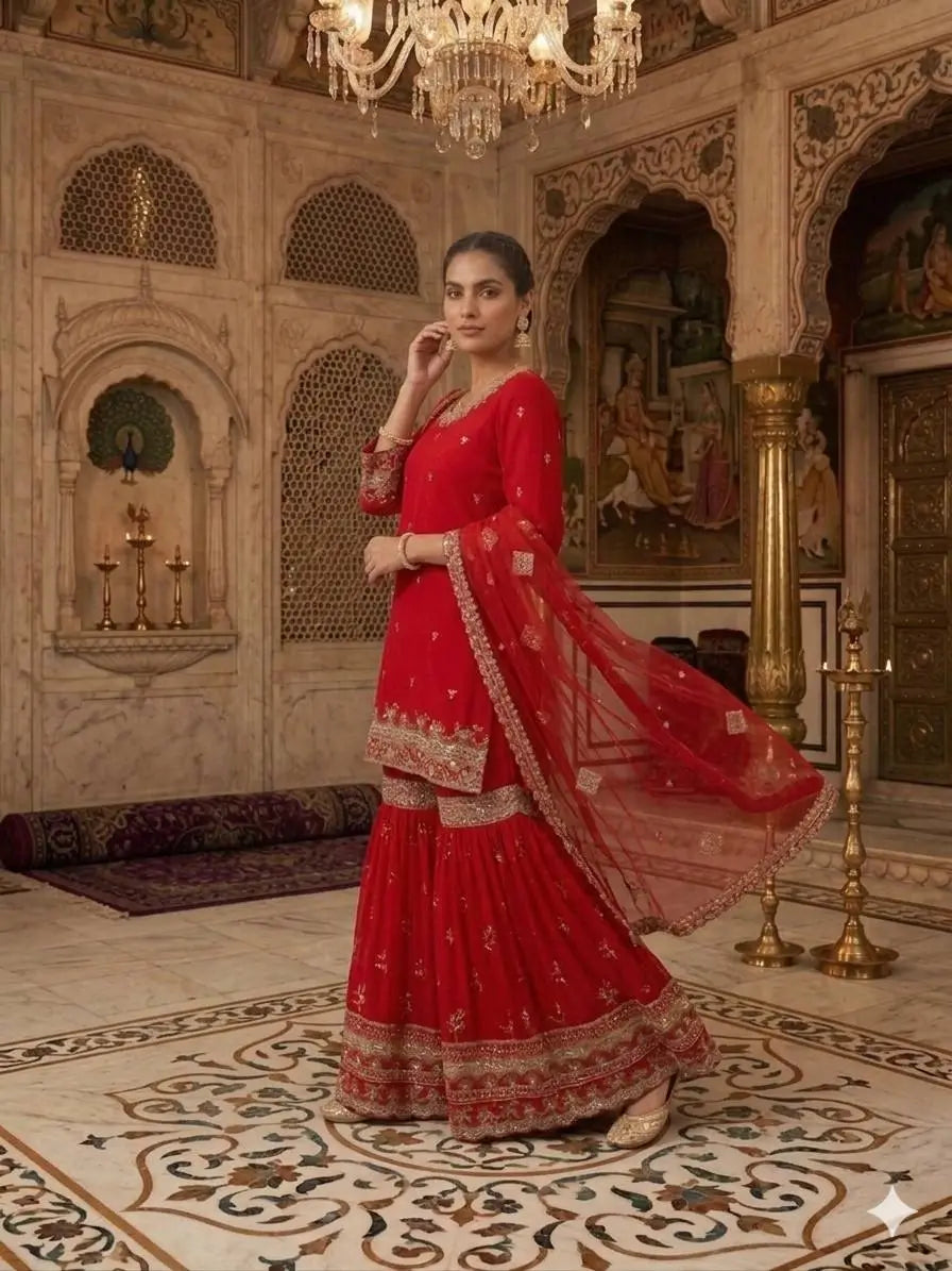 Red Faux Georgette Sharara Set with 5mm Sequence Embroidery and Butterfly Net Dupatta