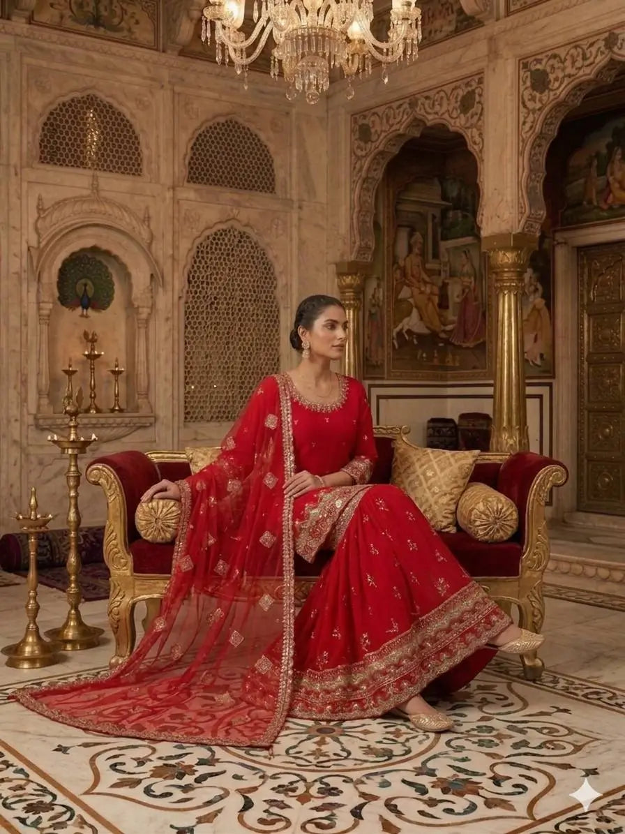Red Faux Georgette Sharara Set with 5mm Sequence Embroidery and Butterfly Net Dupatta