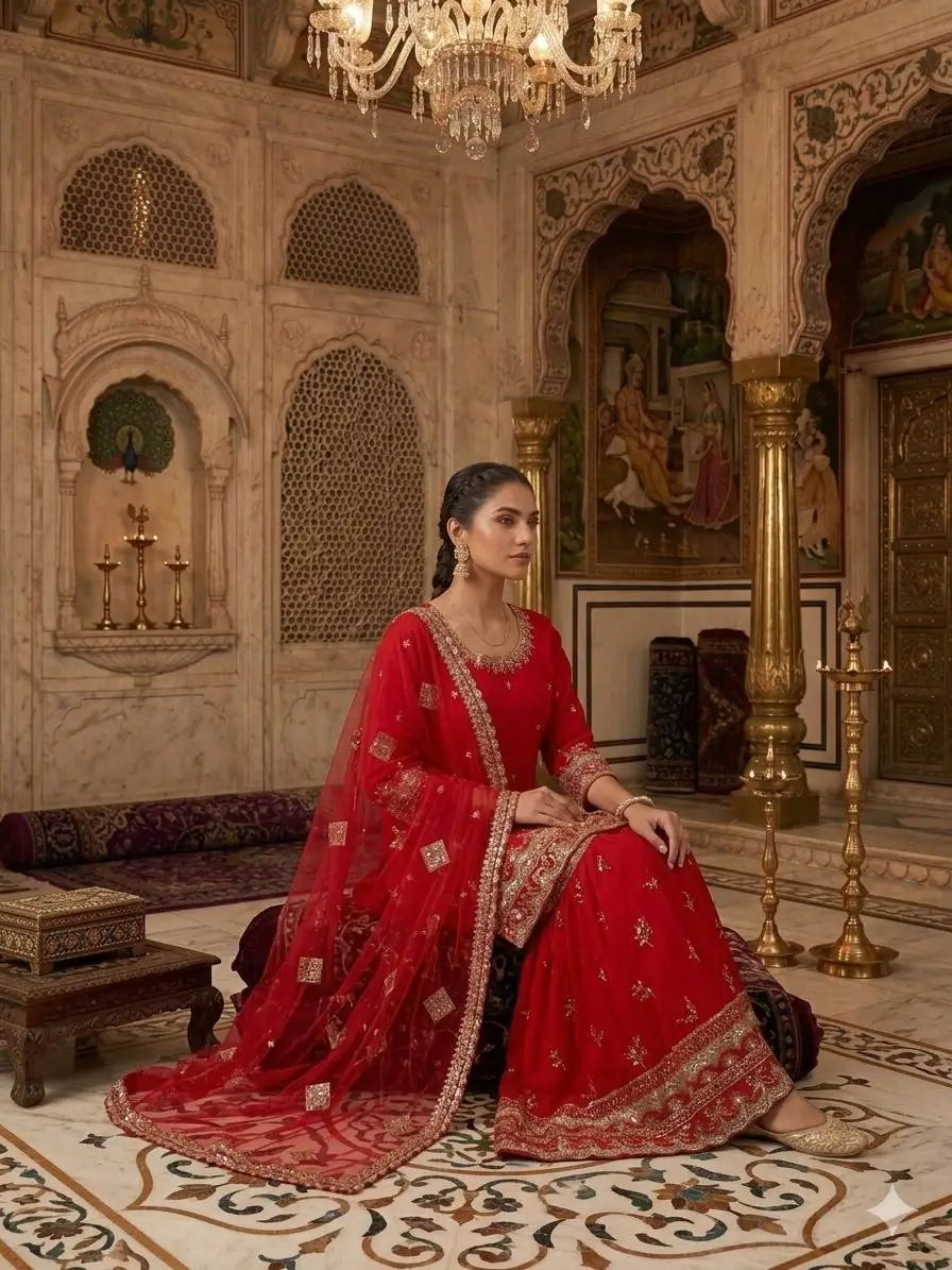 Red Faux Georgette Sharara Set with 5mm Sequence Embroidery and Butterfly Net Dupatta