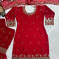 Red Faux Georgette Sharara Set with 5mm Sequence Embroidery and Butterfly Net Dupatta