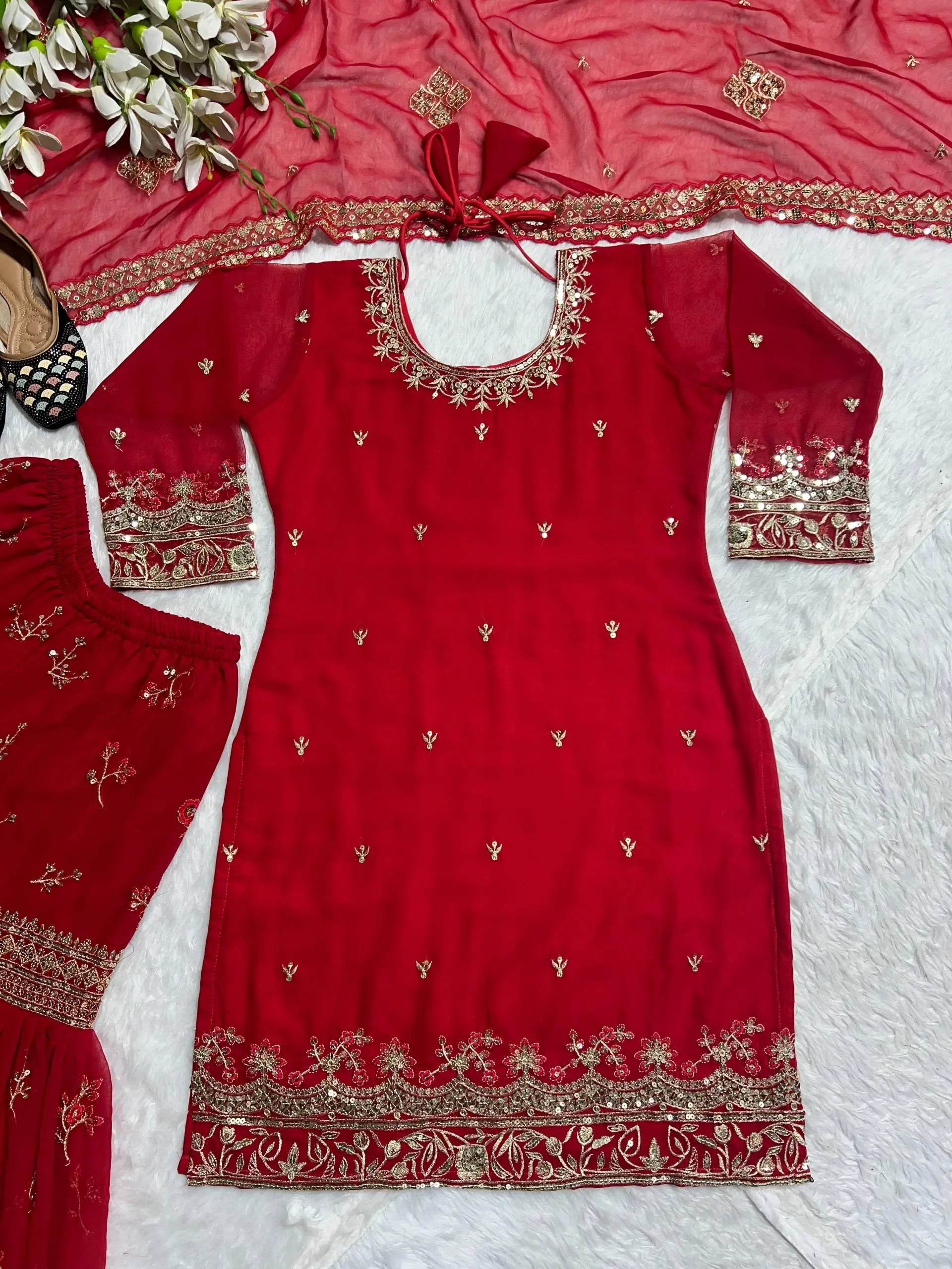 Red Faux Georgette Sharara Set with 5mm Sequence Embroidery and Butterfly Net Dupatta