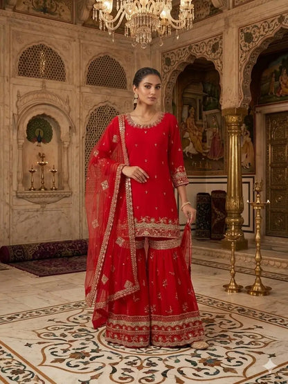 Red Faux Georgette Sharara Set with 5mm Sequence Embroidery and Butterfly Net Dupatta