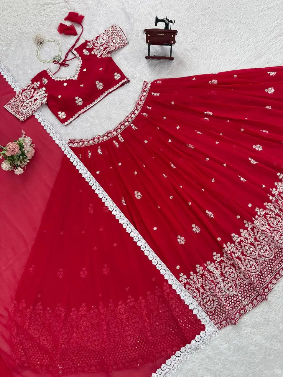 Red Faux Georgette Thread 9mm Sequin Lehenga Choli with Lace Dupatta | Wedding Party Wear
