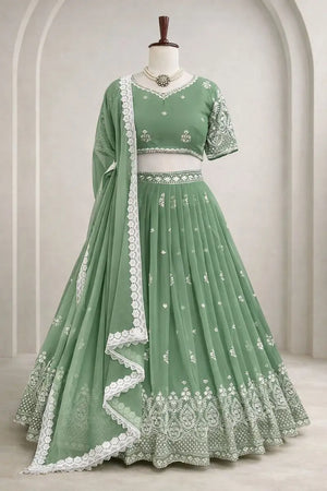 Red Faux Georgette Thread 9mm Sequin Lehenga Choli with Lace Dupatta | Wedding Party Wear