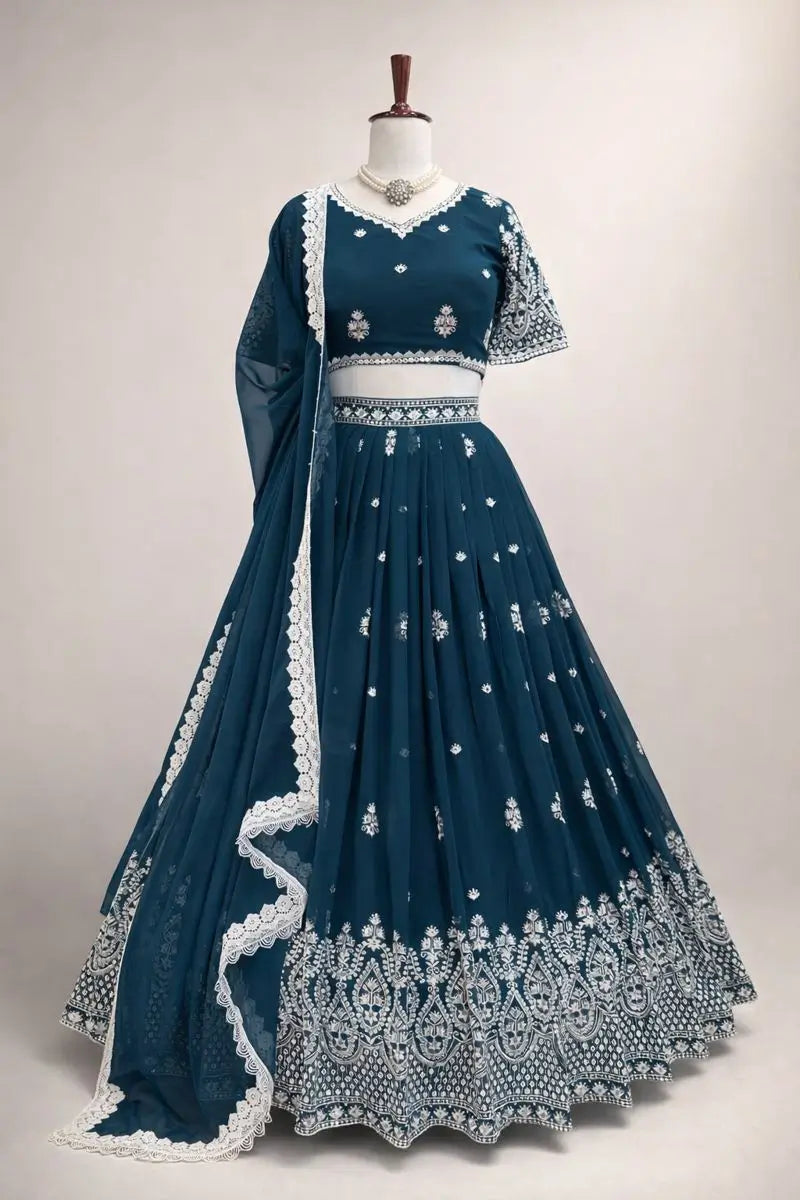 Red Faux Georgette Thread 9mm Sequin Lehenga Choli with Lace Dupatta | Wedding Party Wear