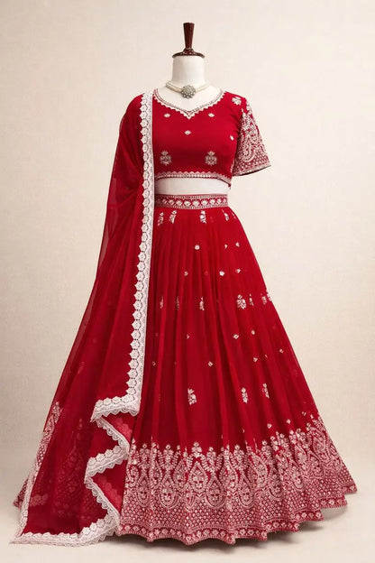 Red Faux Georgette Thread 9mm Sequin Lehenga Choli with Lace Dupatta | Wedding Party Wear