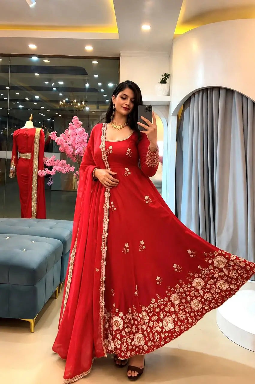 Red Floral Sequin Anarkali Gown