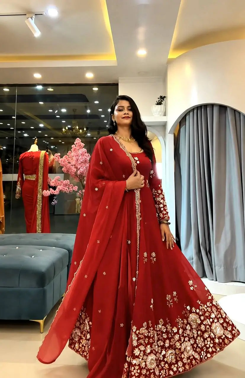 Red Floral Sequin Anarkali Gown