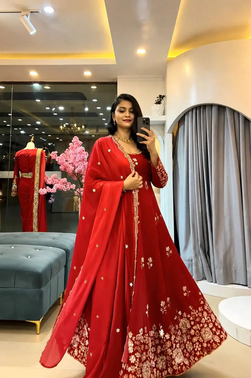 Red Floral Sequin Anarkali Gown