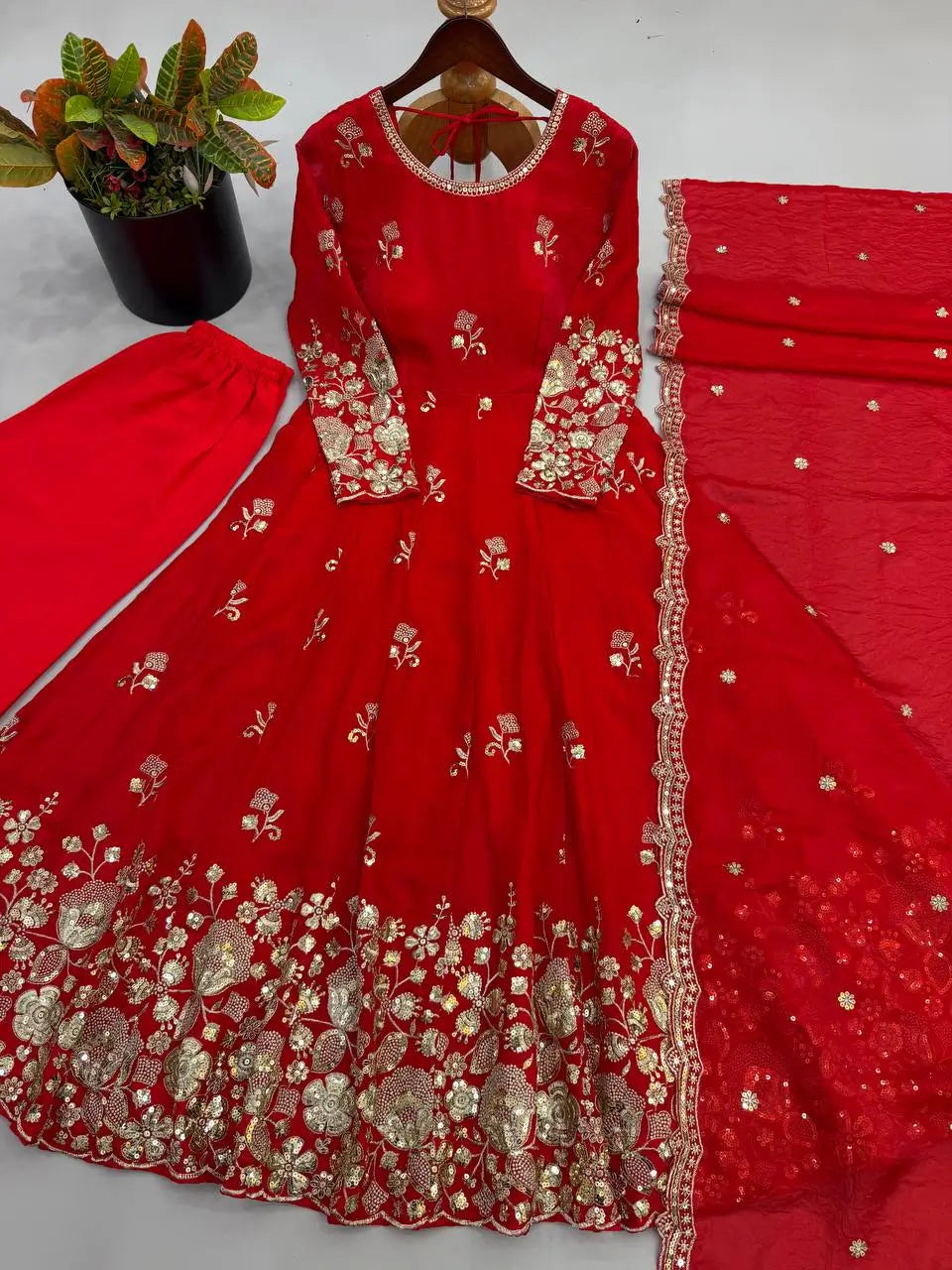 Red Floral Sequin Anarkali Gown