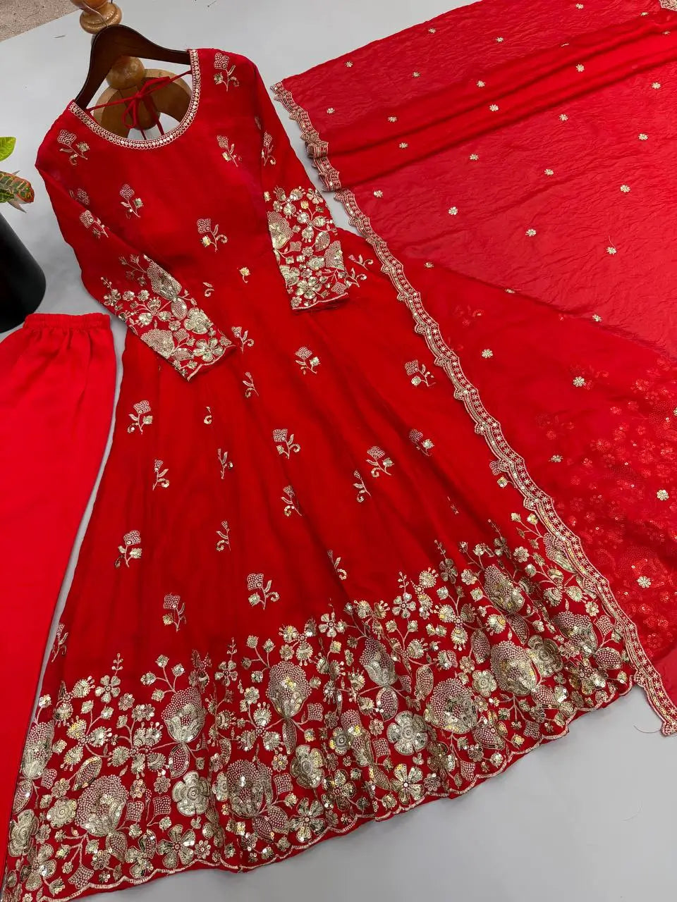Red Floral Sequin Anarkali Gown