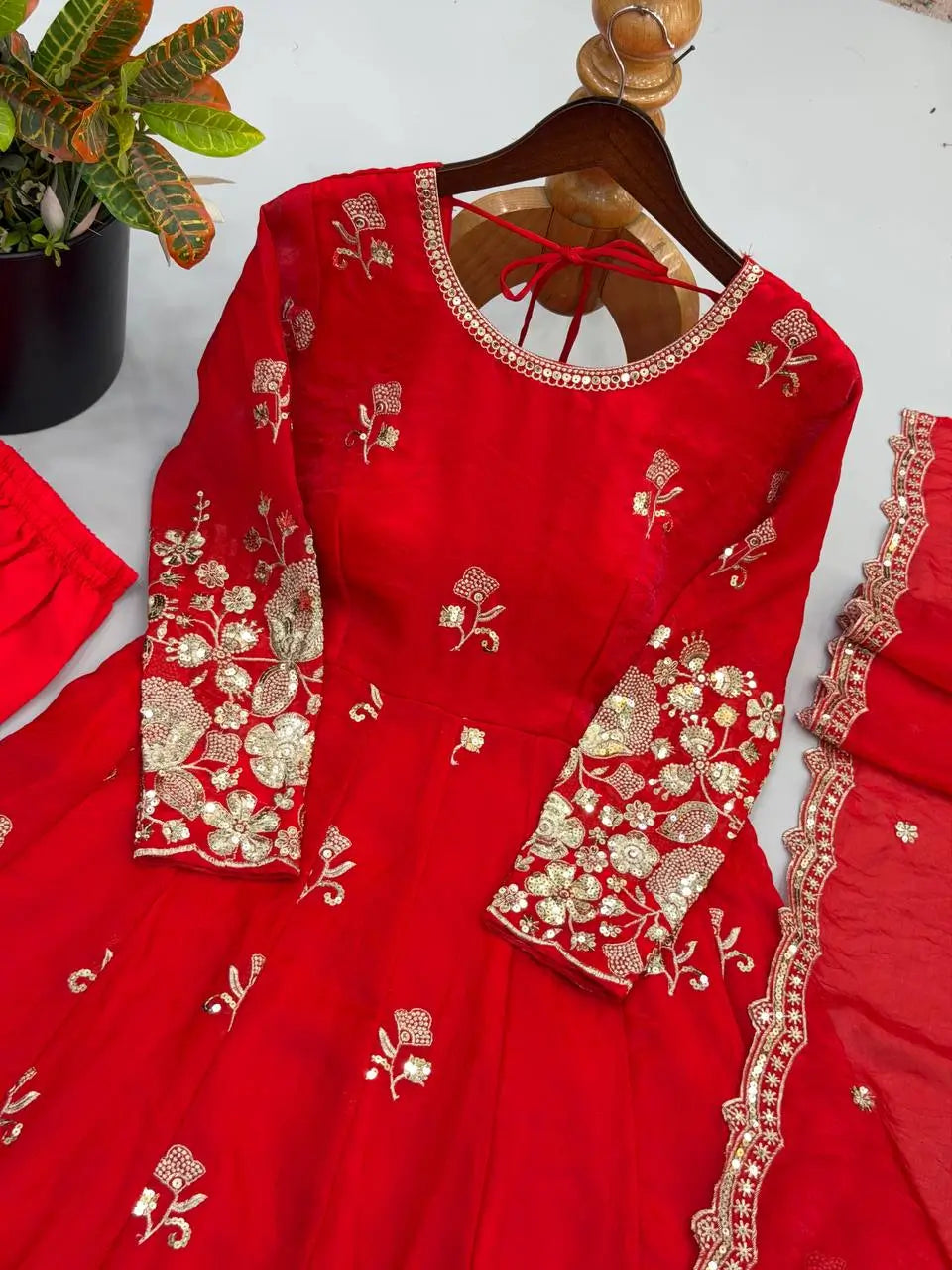 Red Floral Sequin Anarkali Gown