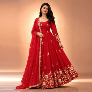 Red Floral Sequin Anarkali Gown