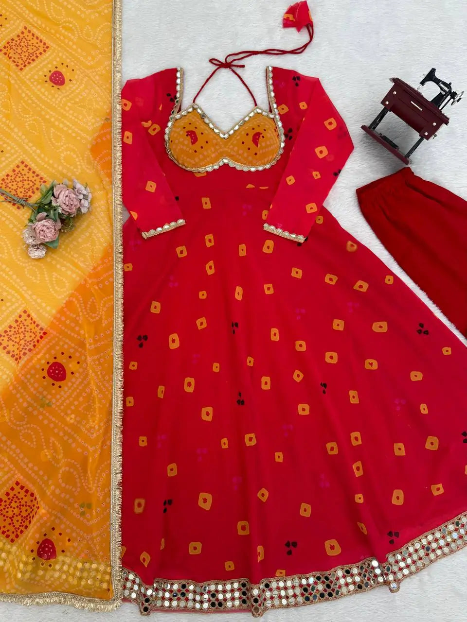 Red Foux Georgette Printed Suit Set for Festive and Party Wear