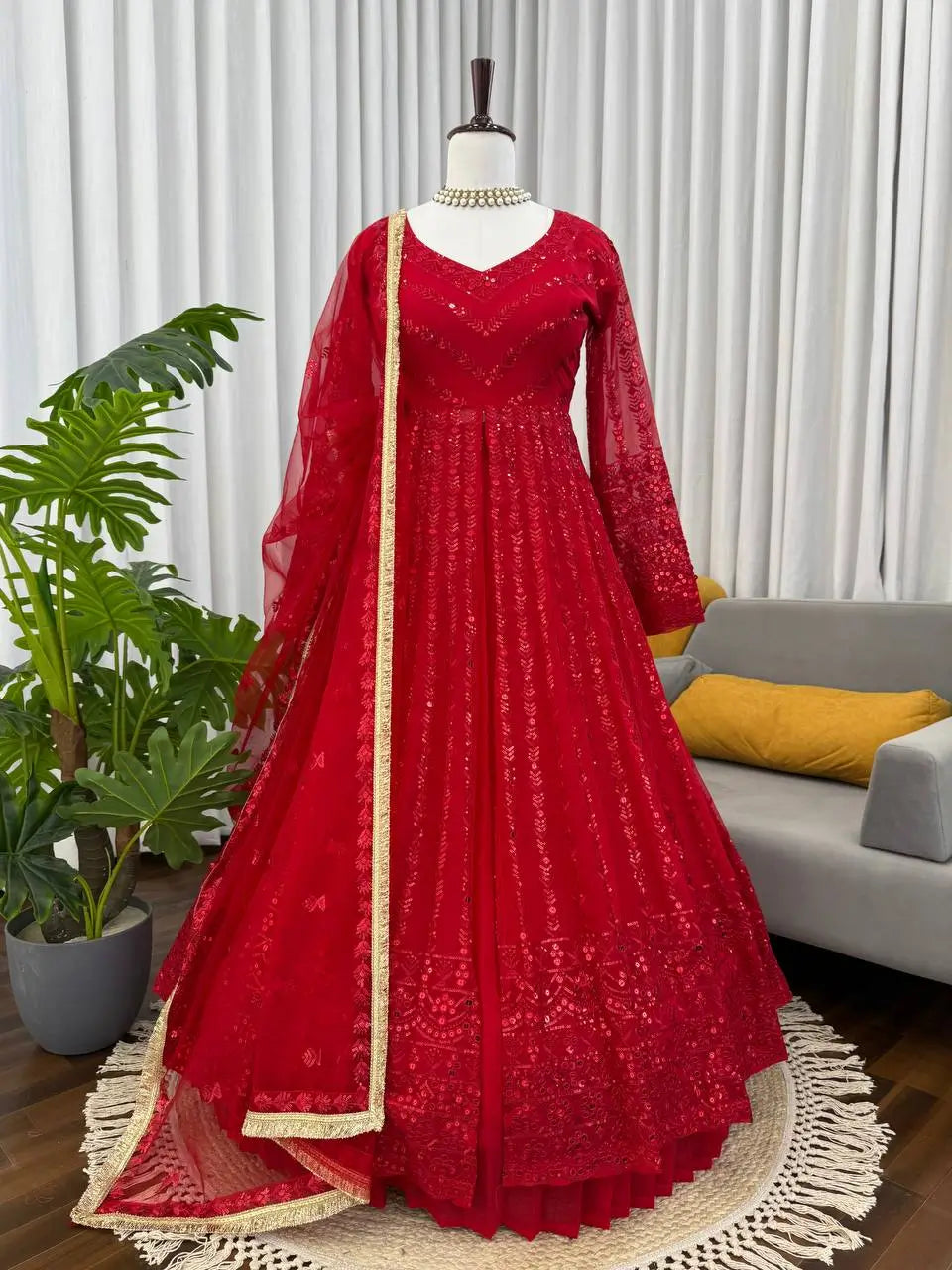Red Fox Georgette Embroidered Lehenga Set with Dupatta
