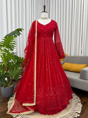 Red Fox Georgette Embroidered Lehenga Set with Dupatta