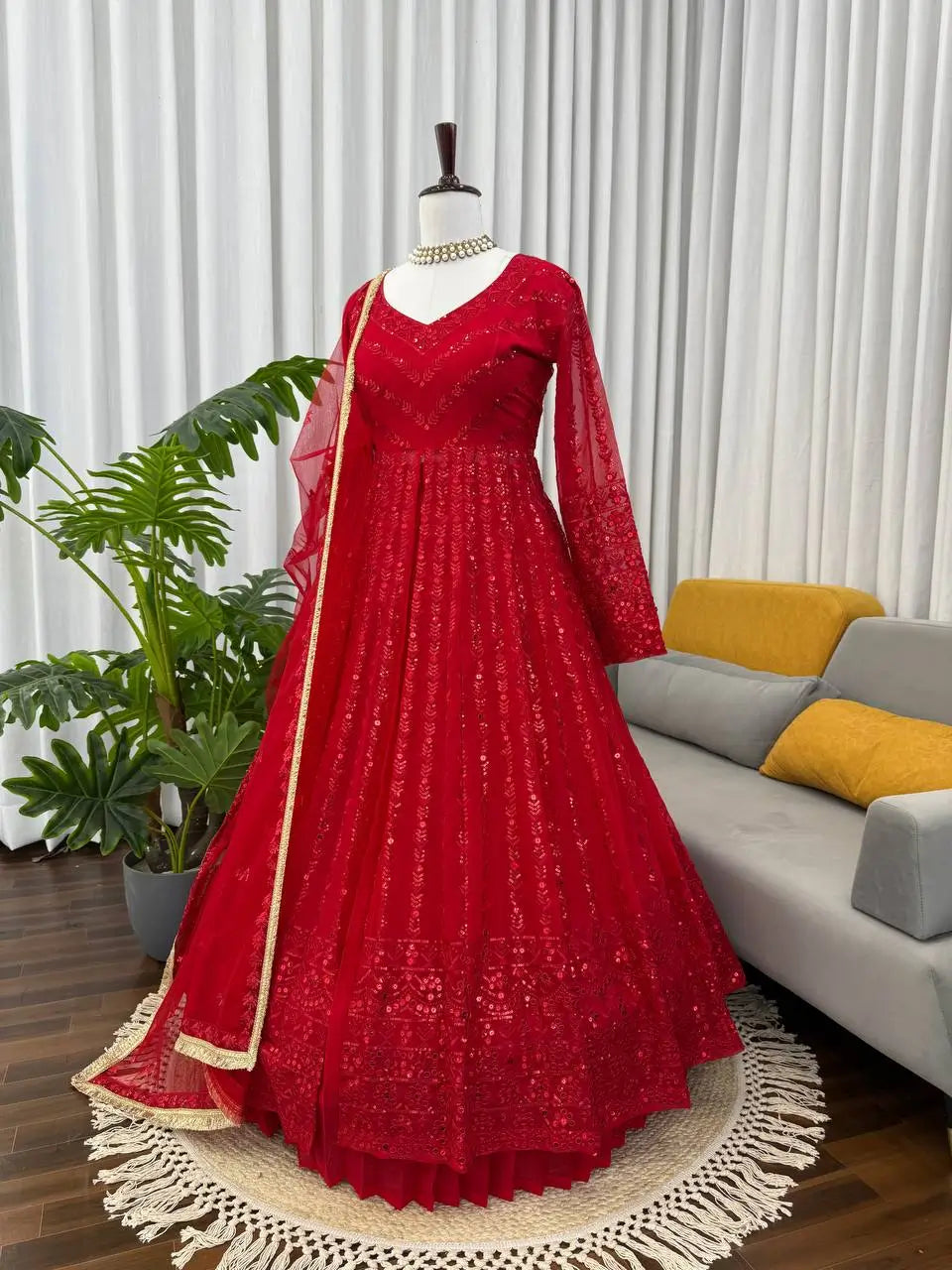 Red Fox Georgette Embroidered Lehenga Set with Dupatta