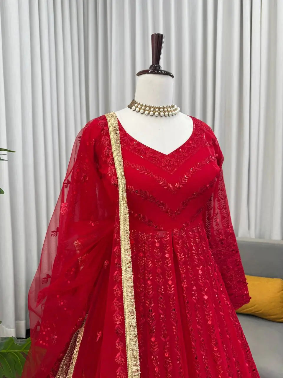 Red Fox Georgette Embroidered Lehenga Set with Dupatta