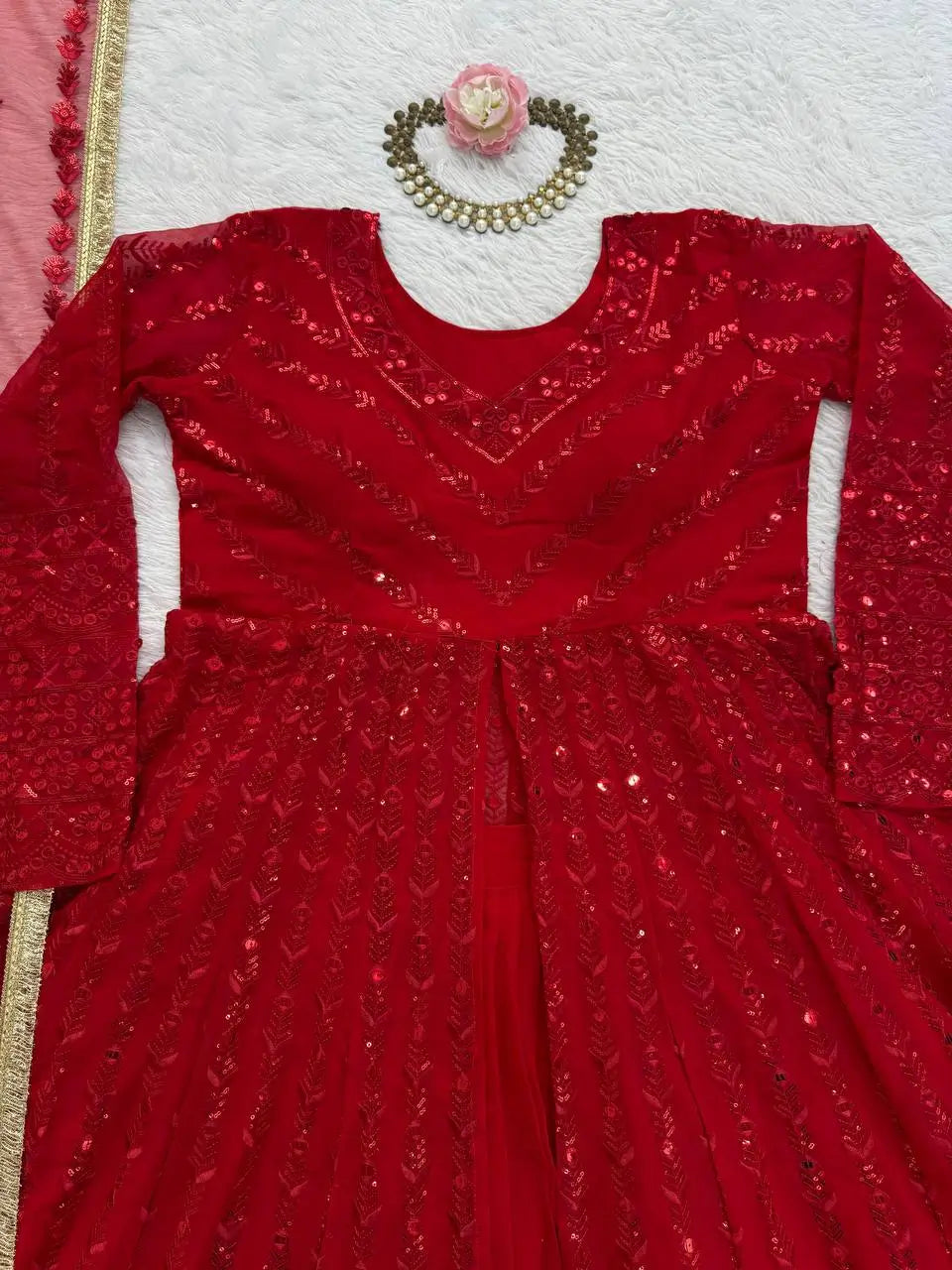 Red Fox Georgette Embroidered Lehenga Set with Dupatta