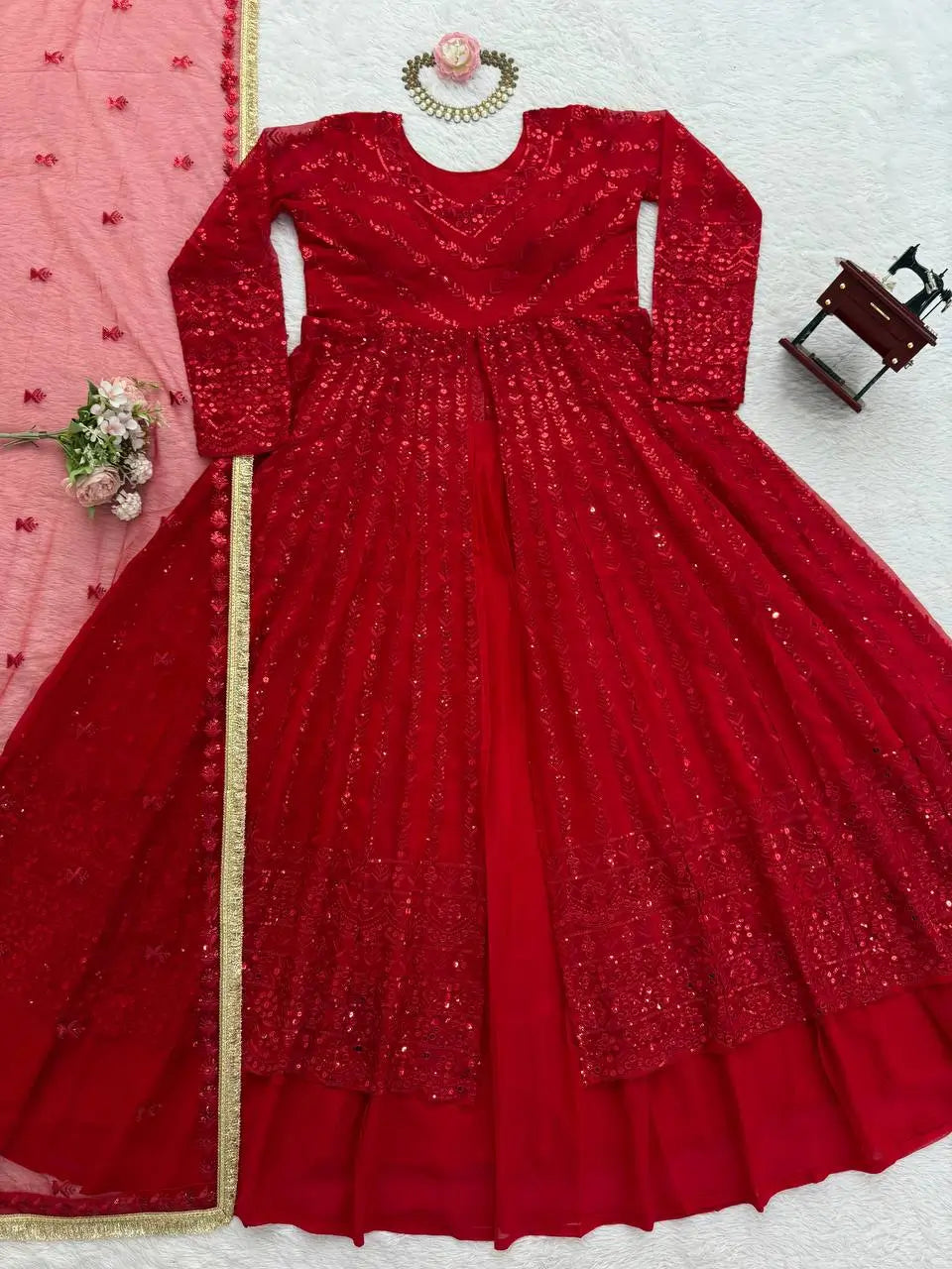 Red Fox Georgette Embroidered Lehenga Set with Dupatta