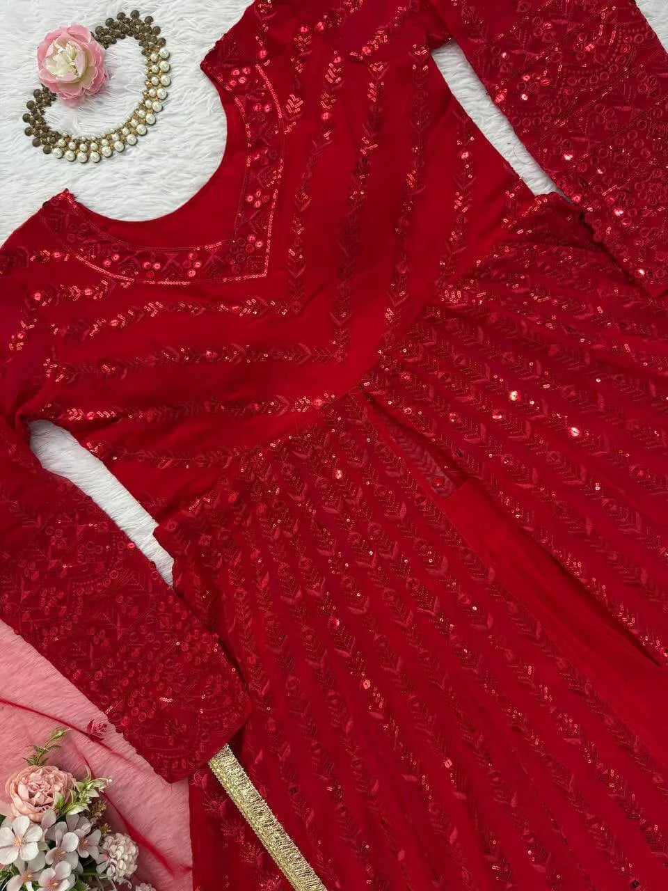 Red Fox Georgette Embroidered Lehenga Set with Dupatta