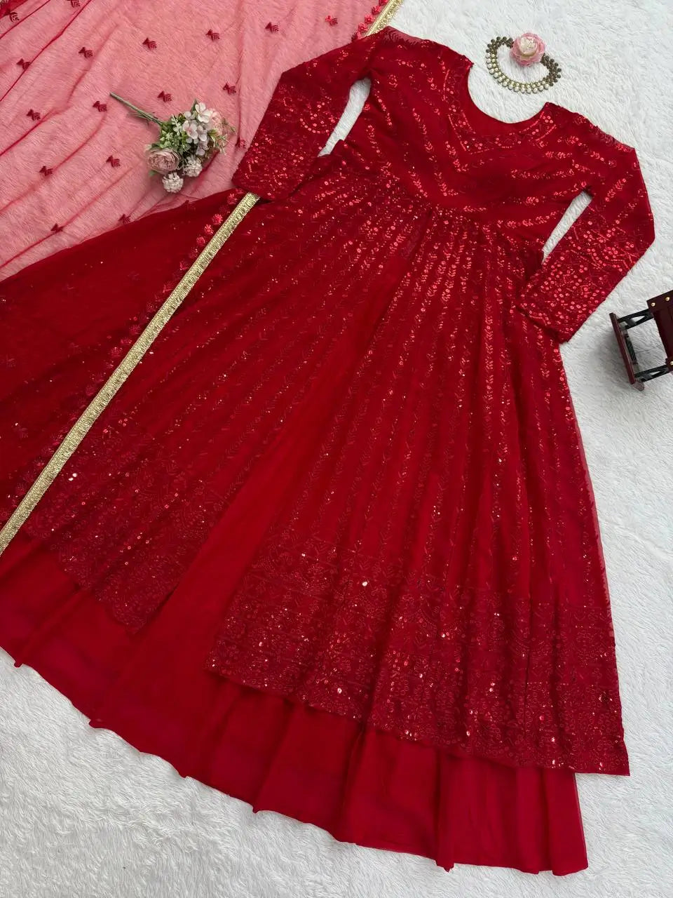Red Fox Georgette Embroidered Lehenga Set with Dupatta