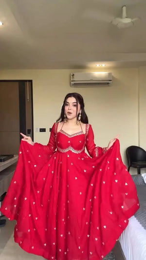 Red Georgette Embroidered Anarkali Set with Dupatta