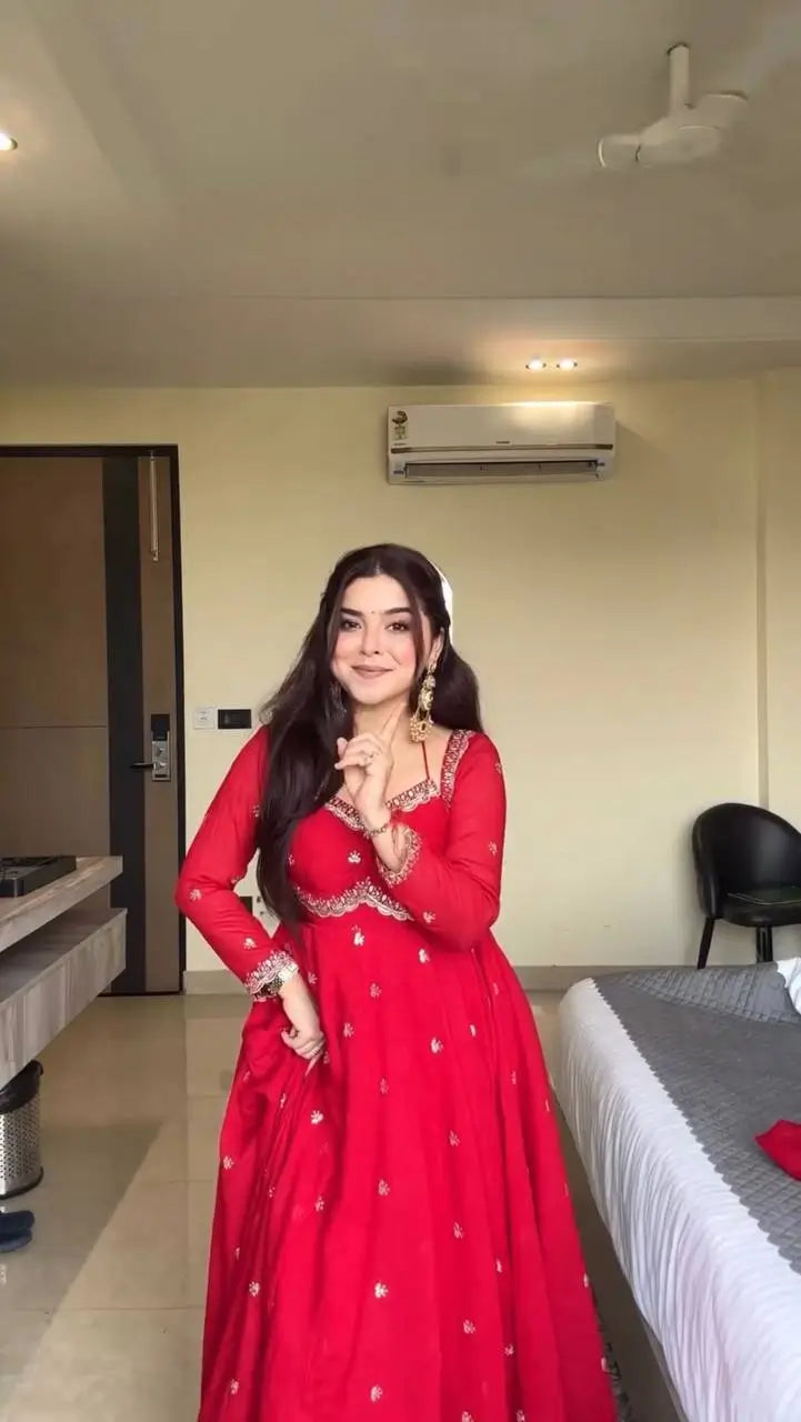 Red Georgette Embroidered Anarkali Set with Dupatta
