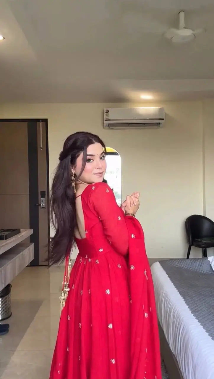 Red Georgette Embroidered Anarkali Set with Dupatta