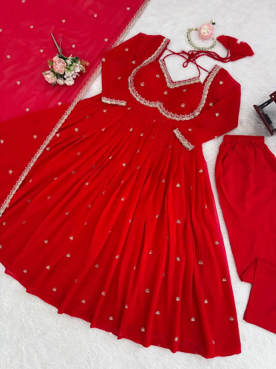 Red Georgette Embroidered Anarkali Set with Dupatta