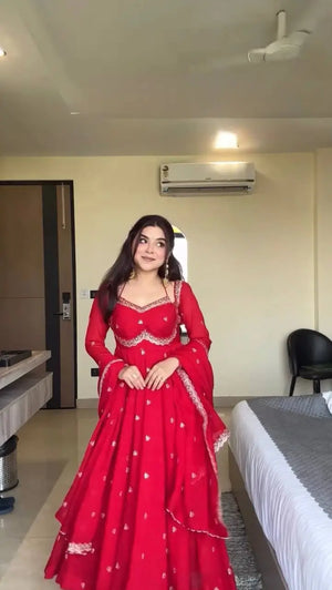 Red Georgette Embroidered Anarkali Set with Dupatta