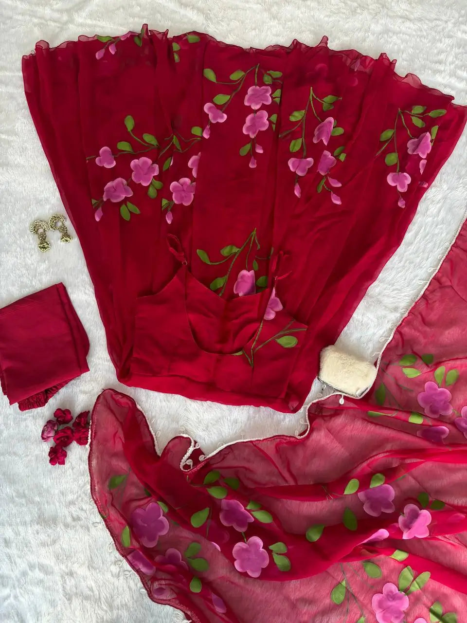 Red Handpainted Georgette Anarkali Set