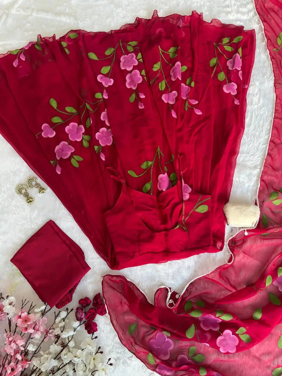 Red Handpainted Georgette Anarkali Set