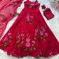 Red Handpainted Georgette Anarkali Set