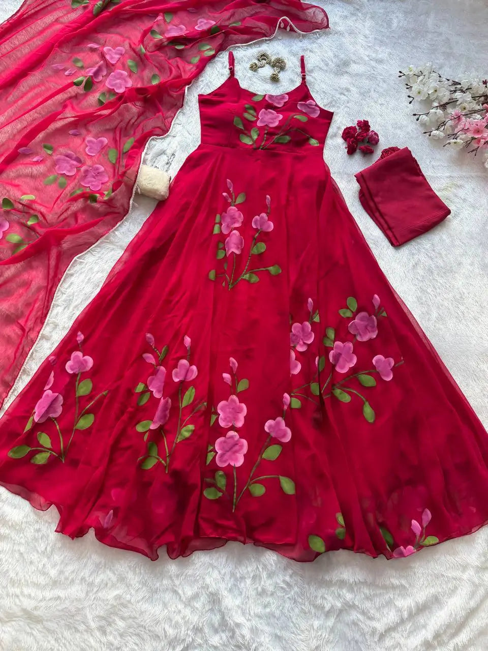 Red Handpainted Georgette Anarkali Set