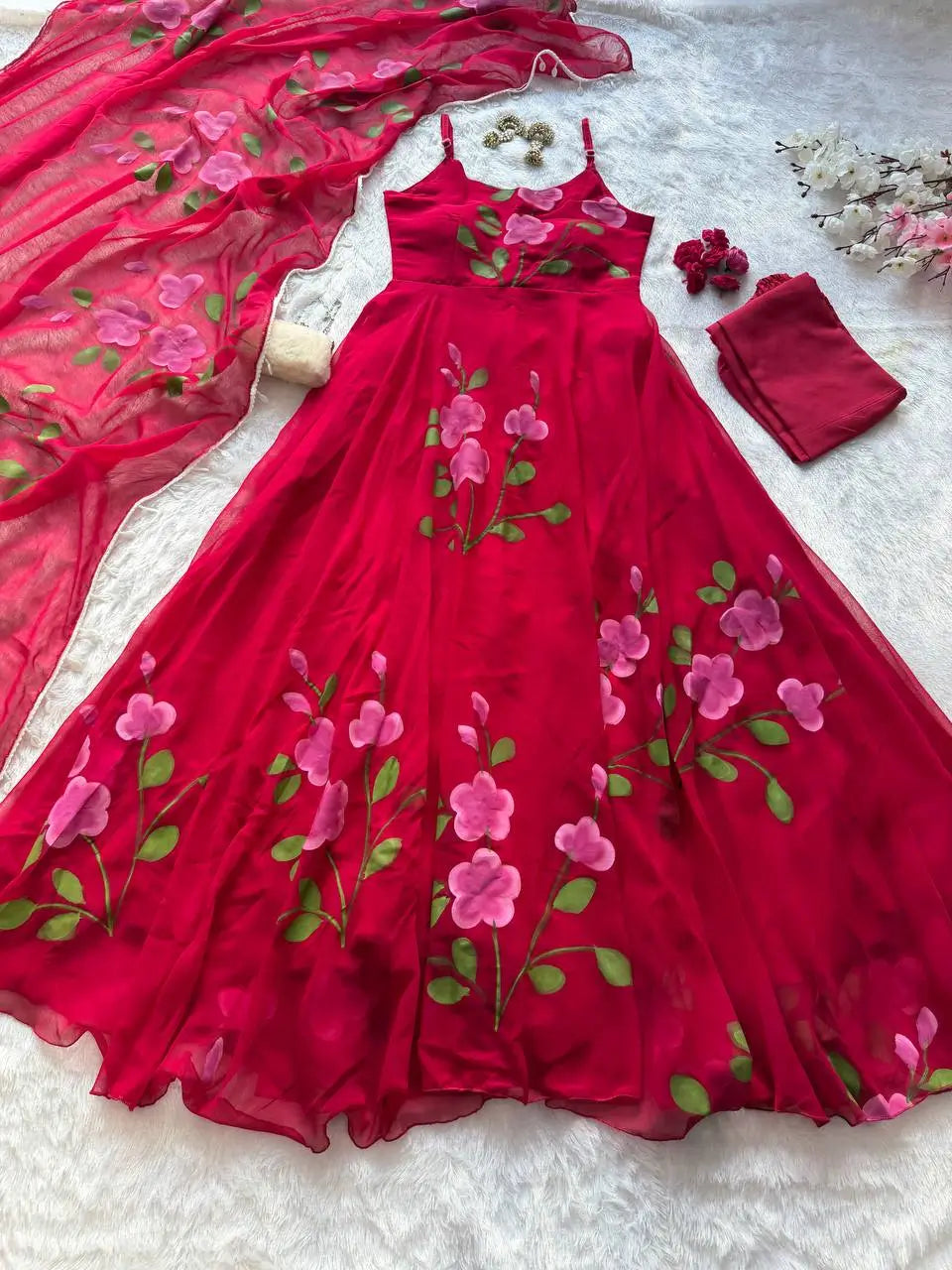 Red Handpainted Georgette Anarkali Set