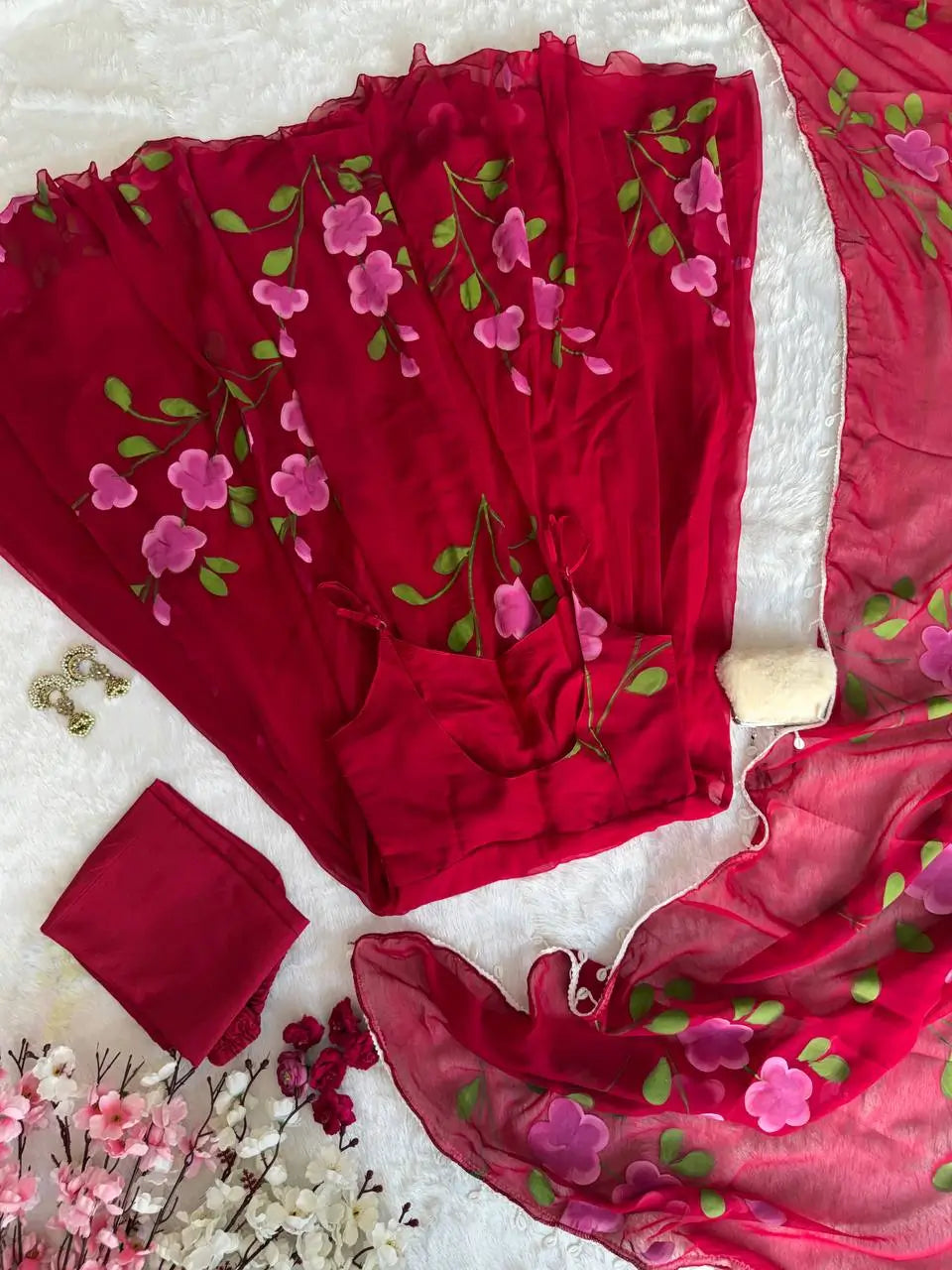 Red Handpainted Georgette Anarkali Set