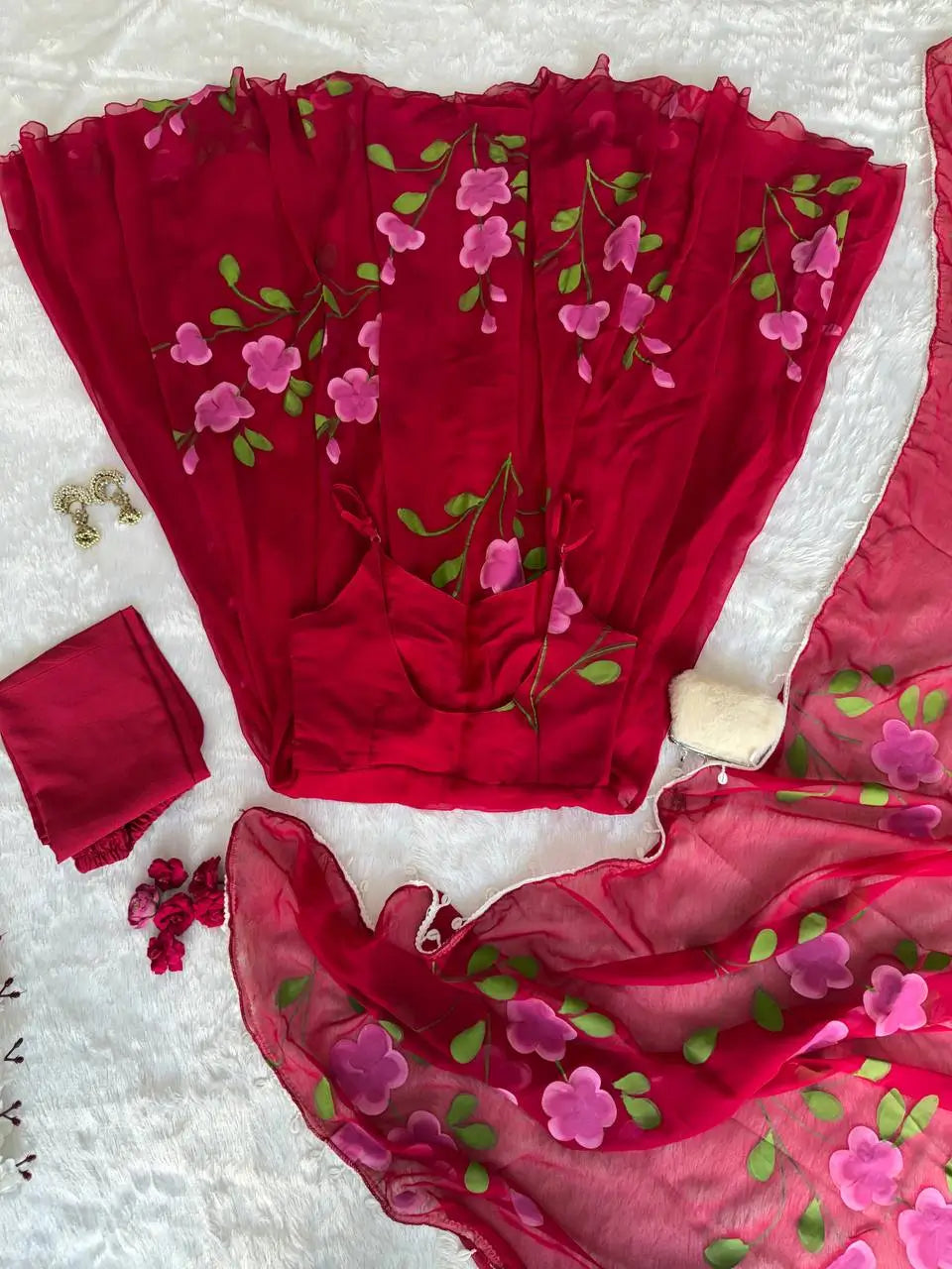 Red Handpainted Georgette Anarkali Set
