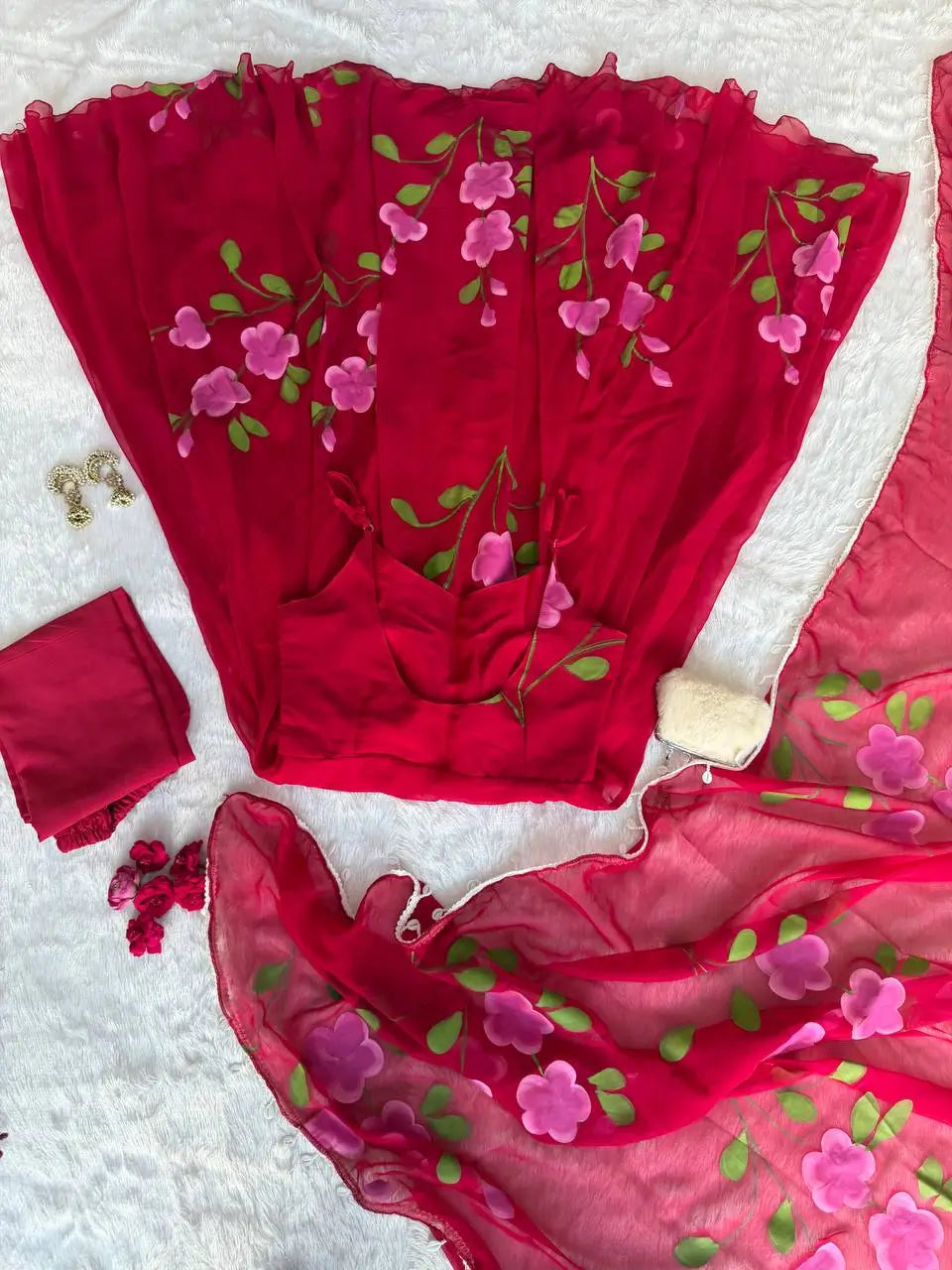 Red Handpainted Georgette Anarkali Set