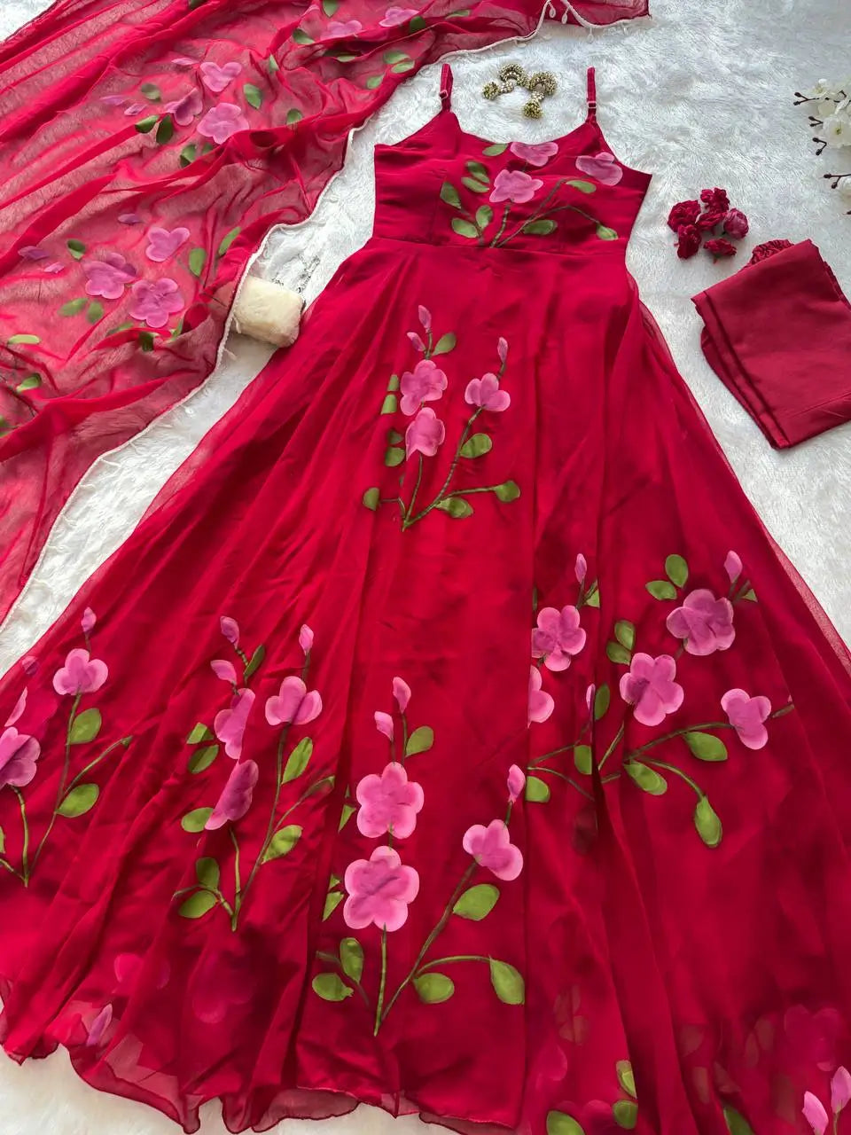 Red Handpainted Georgette Anarkali Set