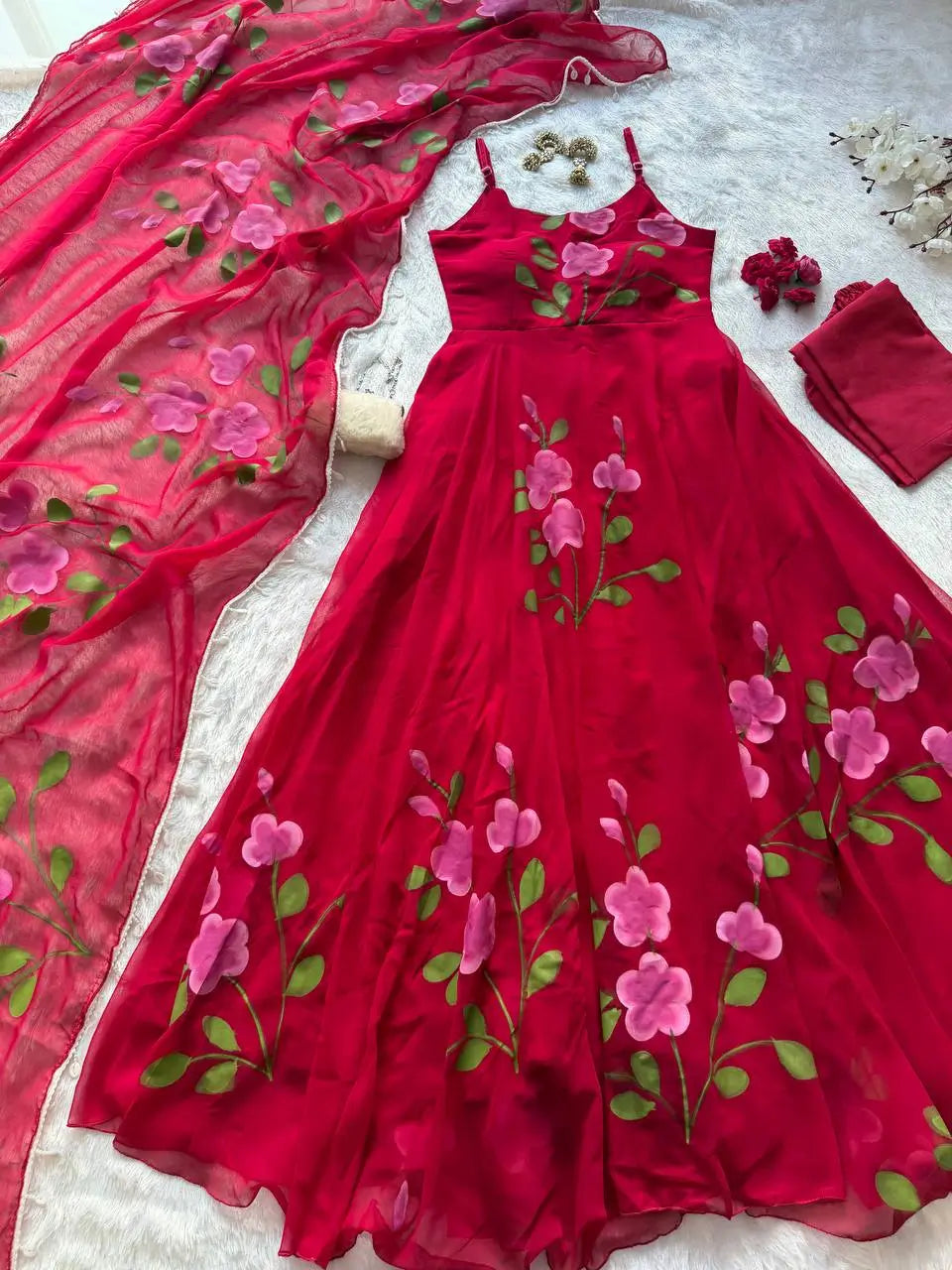 Red Handpainted Georgette Anarkali Set